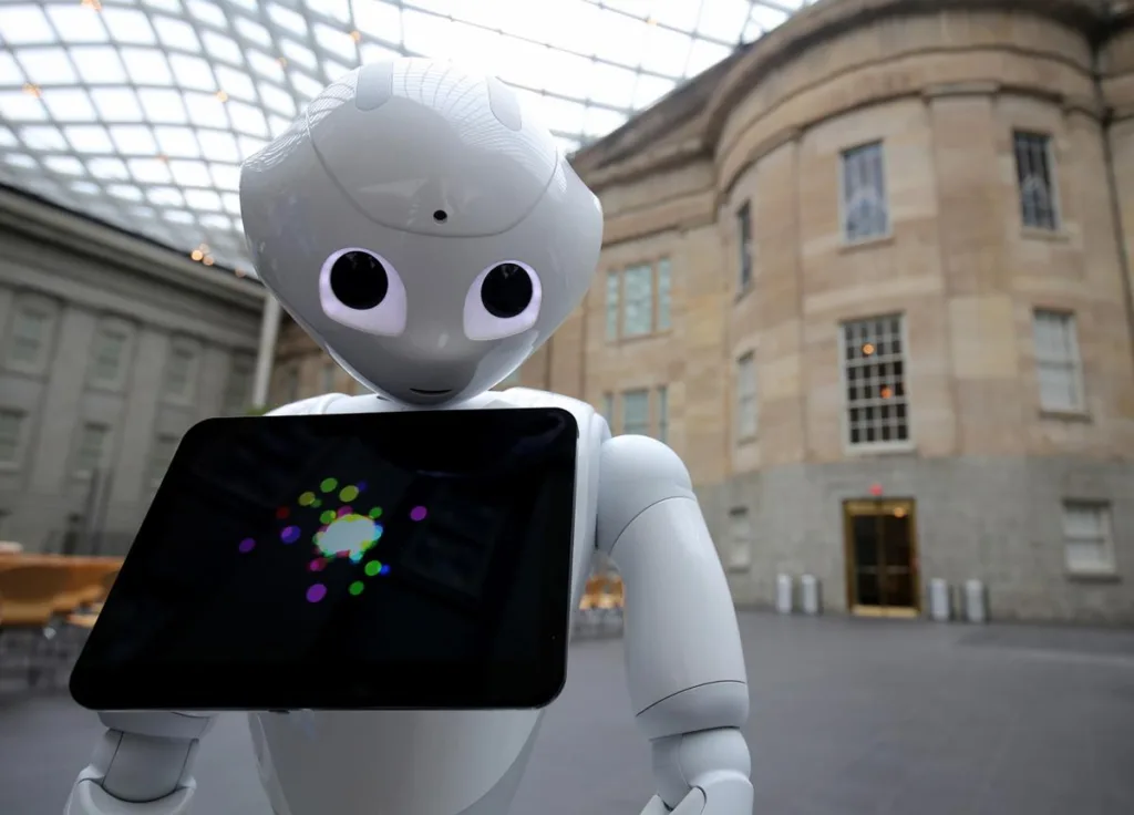 Pepper the Smithsonian robot in the Kogod Courtyard, getting ready for Family Technology Day. Photo by Libby Weiler. 