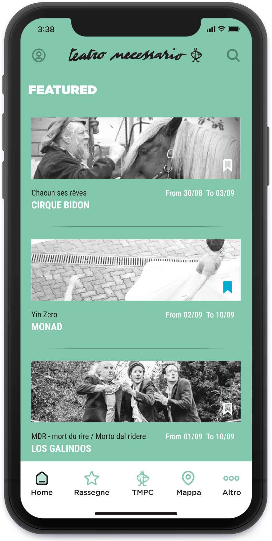 teatro necessario app mockup - home section